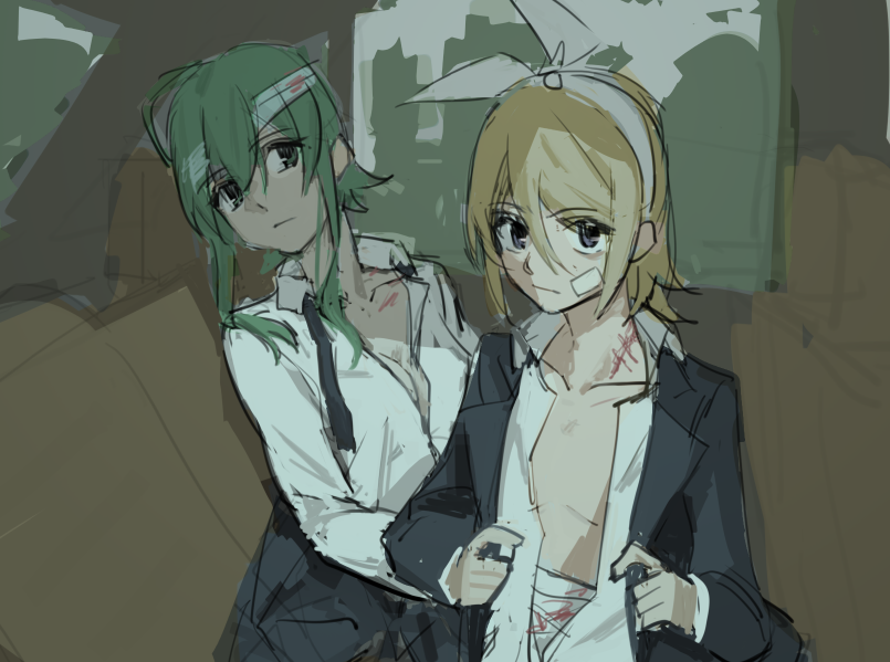 2girls bandage_on_face bandages black_jacket black_necktie blonde_hair blood blood_on_bandages blue_eyes bow bow_hairband car_interior commentary expressionless green_eyes green_hair gumi hair_bow hairband jacket kagamine_rin looking_at_another looking_at_viewer medium_hair multiple_girls necktie open_clothes open_shirt scar scar_on_neck shirt short_hair sidelocks sketch undressing vocaloid white_bow white_shirt wounds404