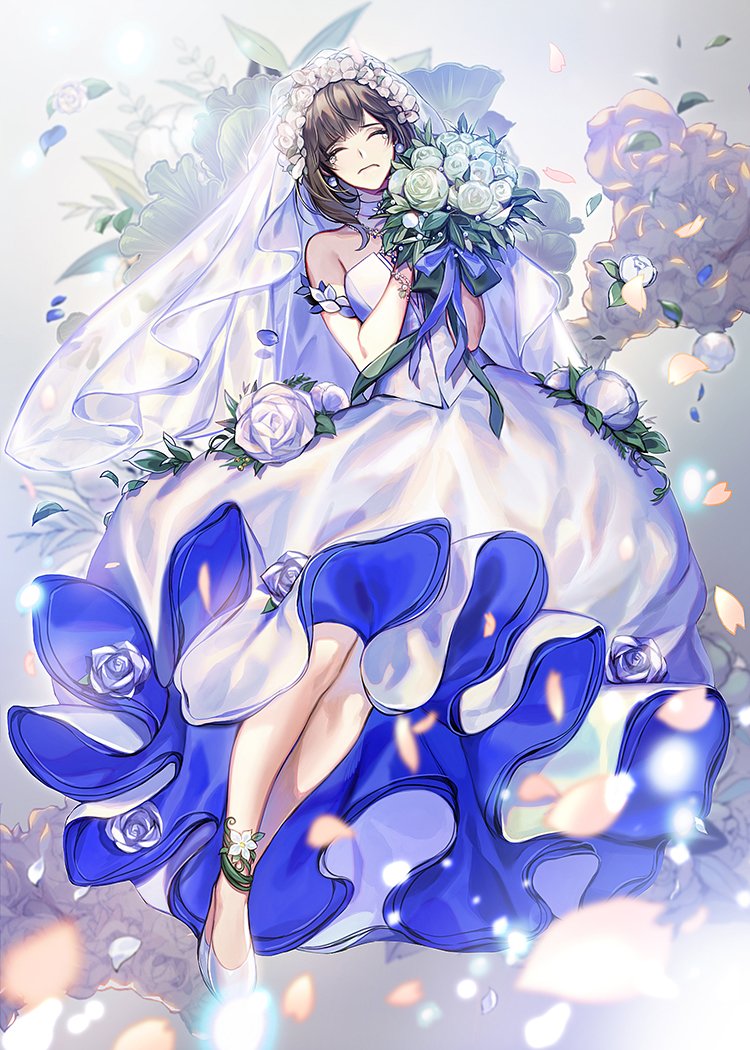 1girl anklet bouquet brown_hair crying dress earrings eu_(euspia) floral_background flower high_heels jewelry jung_hayan_(regressor's_instruction_manual) regressor's_instruction_manual solo veil wedding_dress