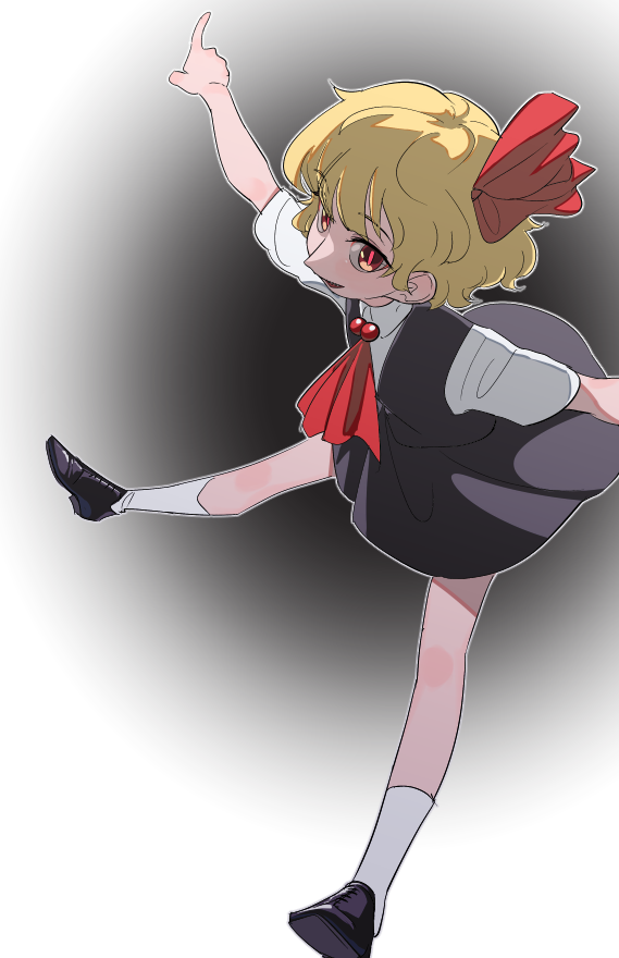 1girl ascot black_footwear black_skirt black_vest blonde_hair bow collared_shirt frogsnake hair_bow kneehighs looking_at_viewer midair parted_lips pointy_nose red_ascot red_bow red_eyes rumia shirt short_hair short_sleeves simple_background skirt solo spread_legs t-pose touhou vest wavy_hair white_legwear white_shirt