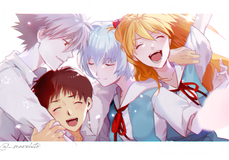 2boys 2girls :d ^_^ aqua_skirt arm_around_neck arm_up ayanami_rei blurry breasts brown_hair chromatic_aberration closed_eyes collarbone collared_shirt depth_of_field dress_shirt facing_viewer grey_hair group_hug hair_between_eyes hairpods hand_on_another's_arm happy hug ikari_shinji jitome laughing letterboxed light_blue_hair light_blush light_particles lineup long_hair looking_down marehito multiple_boys multiple_girls nagisa_kaworu neck_ribbon neon_genesis_evangelion open_mouth orange_hair pale_skin parted_lips profile red_eyes red_ribbon ribbon school_uniform shade shiny shiny_hair shirt short_hair sidelighting skirt small_breasts smile smirk souryuu_asuka_langley spiky_hair suspender_skirt suspenders teeth tokyo-3_middle_school_uniform twitter_username upper_teeth v-shaped_eyebrows white_shirt