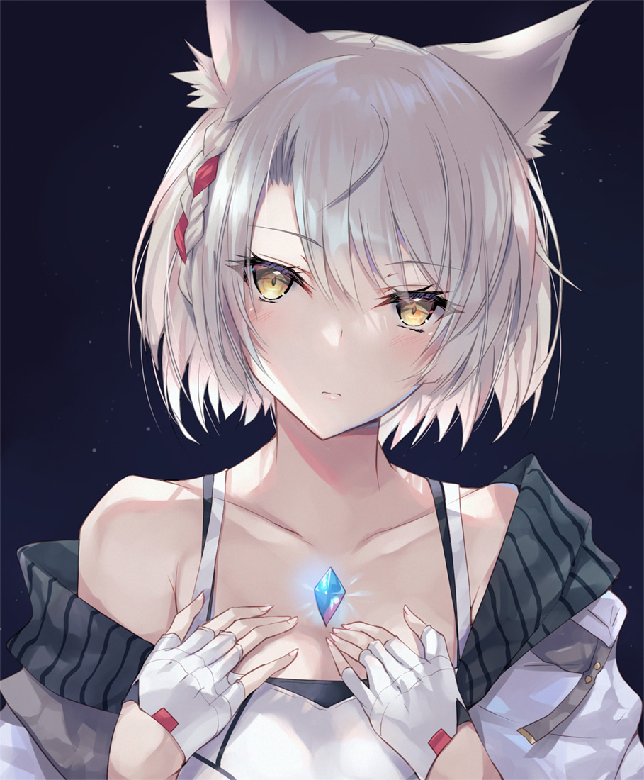 1girl animal_ears camisole cat_ears cat_girl chest_jewel fingerless_gloves gem gloves inoue_takuya_(tactactak) jacket mio_(xenoblade) shoulder_strap solo tank_top white_camisole white_gloves white_jacket white_tank_top xenoblade_chronicles_(series) xenoblade_chronicles_3 yellow_eyes
