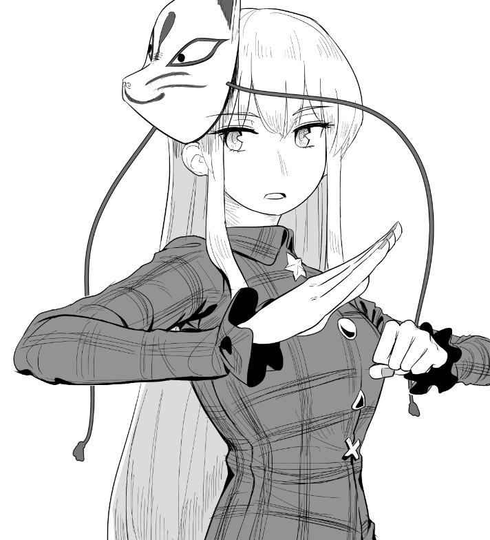 1girl bangs clenched_hand collared_dress dress eyebrows_visible_through_hair fox_mask frogsnake greyscale hands_up hata_no_kokoro long_hair long_sleeves looking_at_viewer mask mask_on_head monochrome parted_lips plaid plaid_dress sidelocks simple_background solo touhou upper_body white_background wing_collar