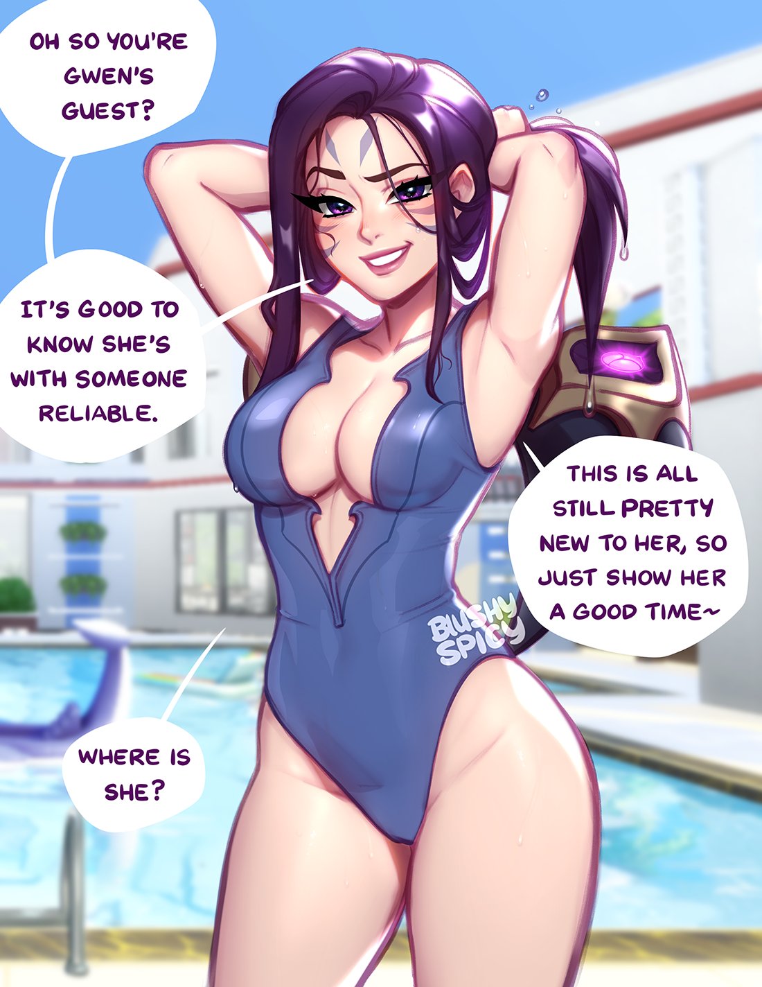 1girl adjusting_hair alternate_costume armpits bangs bare_shoulders blue_swimsuit blushy-pixy breasts collarbone commentary english_text facial_mark groin highres kai'sa large_breasts league_of_legends long_hair looking_at_viewer outdoors ponytail purple_hair shiny shiny_hair shoulder_pads smile solo speech_bubble swimsuit violet_eyes