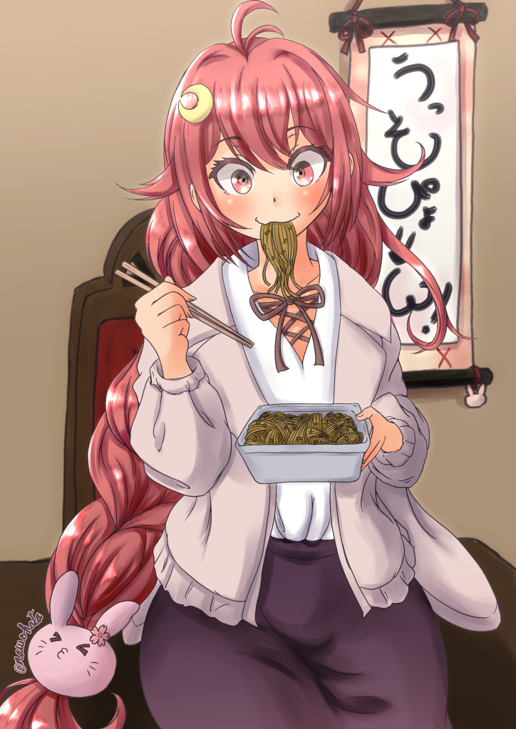 1girl ahoge bunny_hair_ornament crescent crescent_hair_ornament eating eyebrows_visible_through_hair food food_in_mouth hair_ornament holding holding_food holding_stick jacket kantai_collection long_hair long_sleeves nawohata noodles pink_eyes pink_hair pink_jacket purple_skirt shirt sitting skirt stick translation_request uzuki_(kancolle) white_shirt