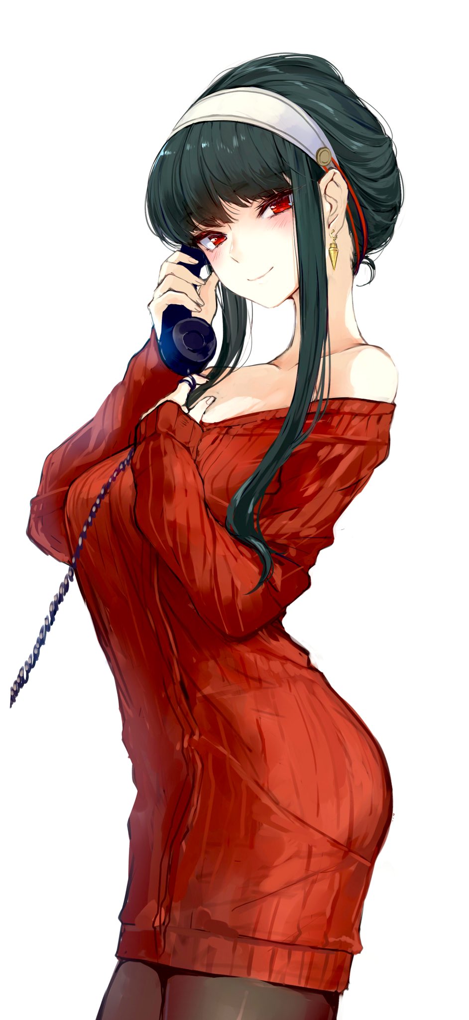 1girl akasaai bangs black_hair blush breasts brown_legwear closed_mouth corded_phone cowboy_shot from_side hairband hand_on_own_chest highres holding holding_phone long_hair looking_at_viewer looking_to_the_side off-shoulder_sweater off_shoulder phone red_eyes red_sweater sidelocks simple_background smile solo spy_x_family sweater white_background white_hairband yor_briar