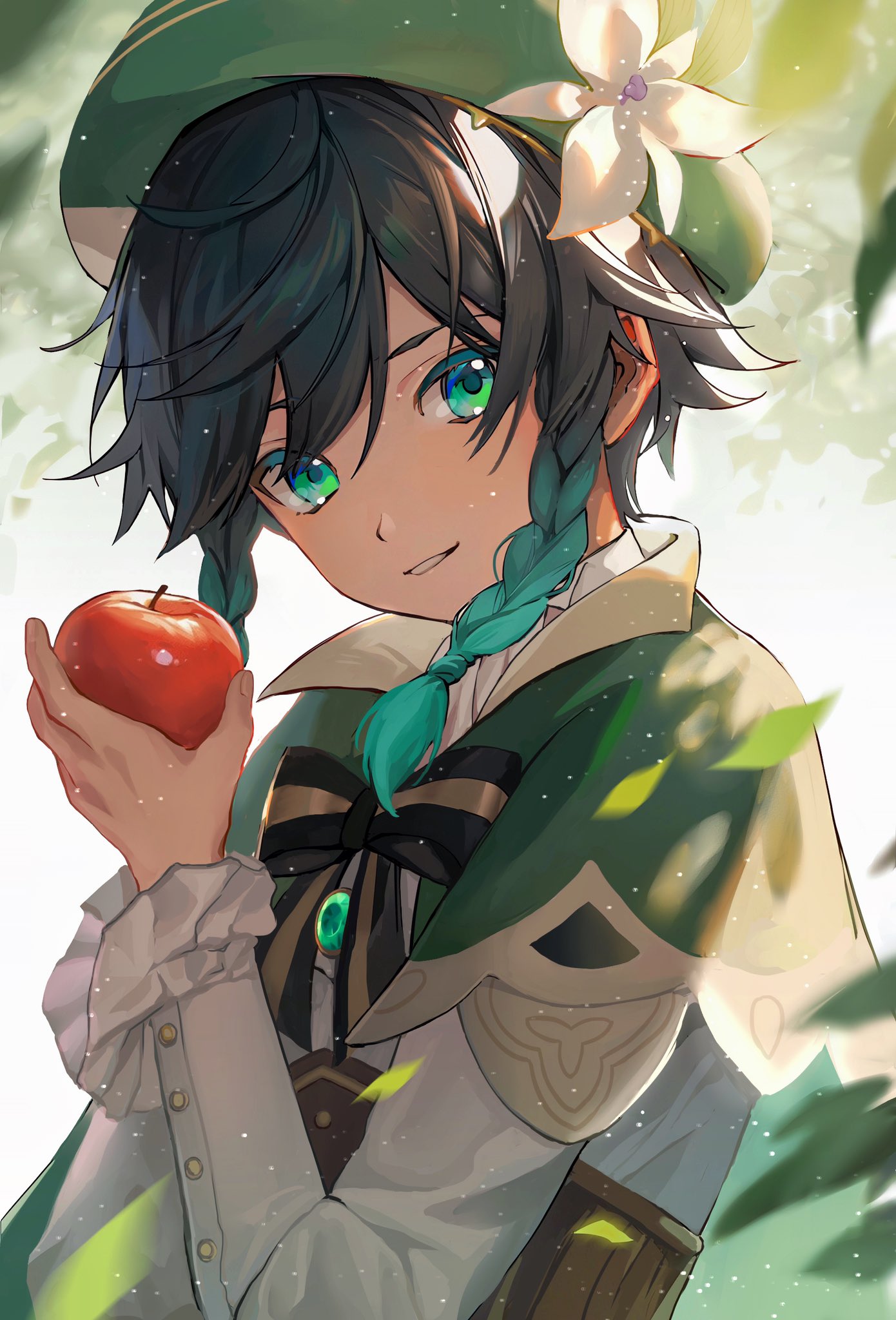 1boy androgynous apple aqua_eyes aqua_hair beret black_hair braid cape cecilia_flower_(genshin_impact) collared_cape collared_shirt flower food frilled_sleeves frills fruit genshin_impact gradient_hair green_cape green_headwear hair_between_eyes hat hat_flower highres holding holding_food holding_fruit juliet_sleeves leaf long_sleeves looking_at_viewer male_focus multicolored_hair outdoors parted_lips puffy_sleeves red_apple shirt short_hair_with_long_locks side_braids smile solo twin_braids upper_body venti_(genshin_impact) white_flower white_shirt xizuchan6