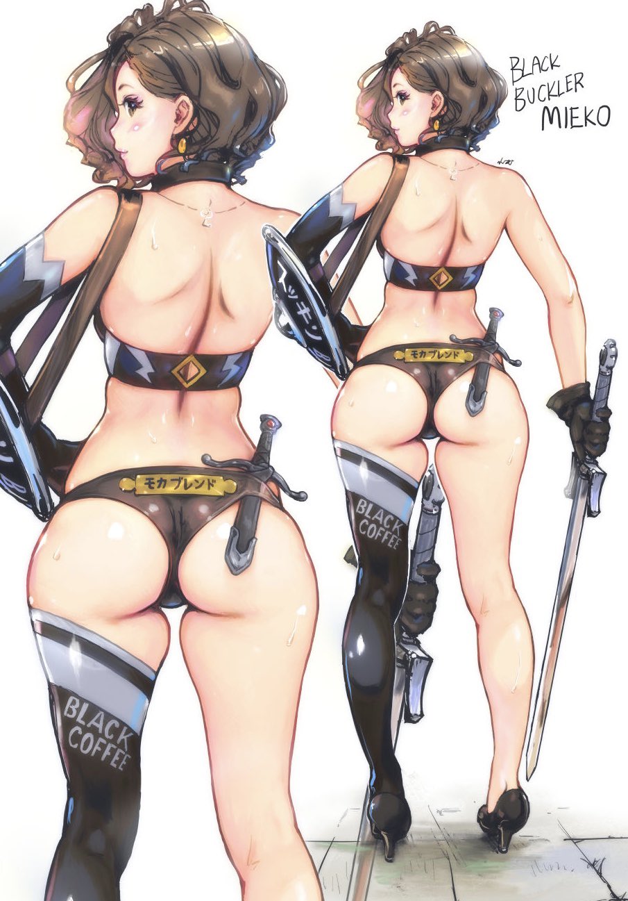 1girl ass ass_focus asymmetrical_gloves back bare_shoulders black_bra black_choker black_footwear black_gloves black_legwear black_panties bra brown_eyes brown_hair buckler carina_(xiaowoo) choker earrings elbow_gloves from_behind full_body gloves high_heels highres holding holding_sword holding_weapon jewelry kishi_mieko lips looking_back median_furrow necklace original panties shield short_hair single_thighhigh skindentation solo standing sweat sword thigh-highs thigh_gap thighs translation_request underwear wavy_hair weapon zoom_layer