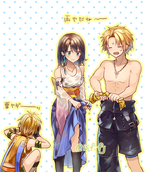 1boy 2girls back_bow blonde_hair bow bra brown_hair detached_sleeves final_fantasy final_fantasy_x hakama hakama_skirt japanese_clothes jewelry long_skirt multiple_girls necklace rikku sasanomesi see-through skirt tidus topless_male underwear wet wet_clothes wringing_clothes yuna_(ff10)