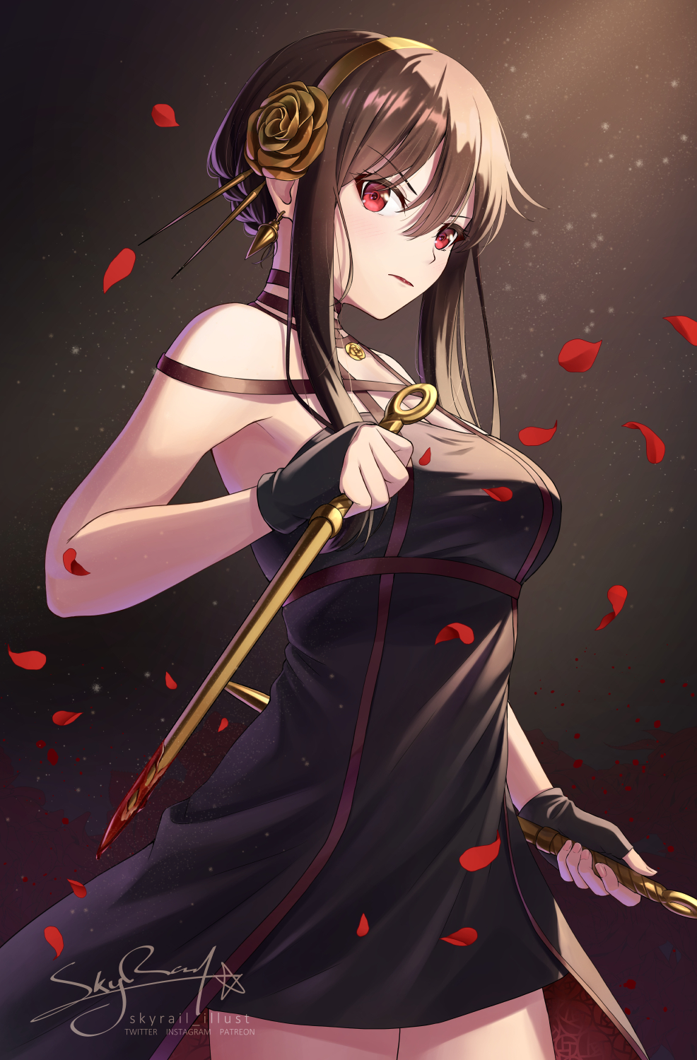 1girl black_dress black_hair blood blood_on_weapon breasts cowboy_shot dagger dress dual_wielding earrings gold_earrings gold_hairband highres holding holding_dagger holding_weapon jewelry knife large_breasts red_eyes rose_hair_ornament short_hair short_hair_with_long_locks skyrail solo spy_x_family standing two-sided_dress two-sided_fabric weapon yor_briar