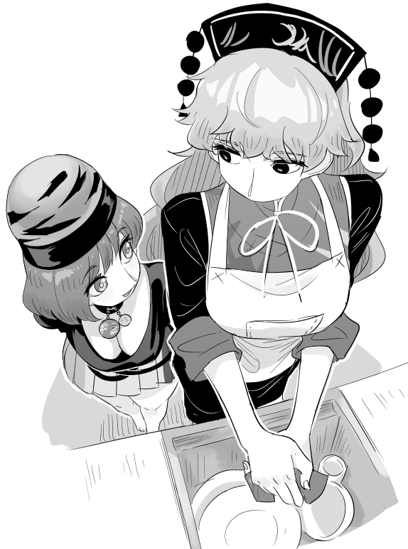 2girls apron bangs bare_shoulders breasts choker dishwashing downblouse dress foreshortening frogsnake greyscale hecatia_lapislazuli height_difference junko_(touhou) long_hair looking_at_another medium_breasts medium_hair monochrome multiple_girls phoenix_crown pleated_skirt polos_crown simple_background sink skirt sleeves_rolled_up tabard thighs touhou white_background