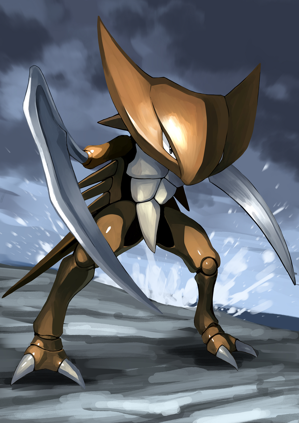 claws clouds cloudy_sky commentary_request grey_eyes highres kabutops no_humans outdoors pokemon pokemon_(creature) sky solo spikes standing tesshii_(riza4828) water