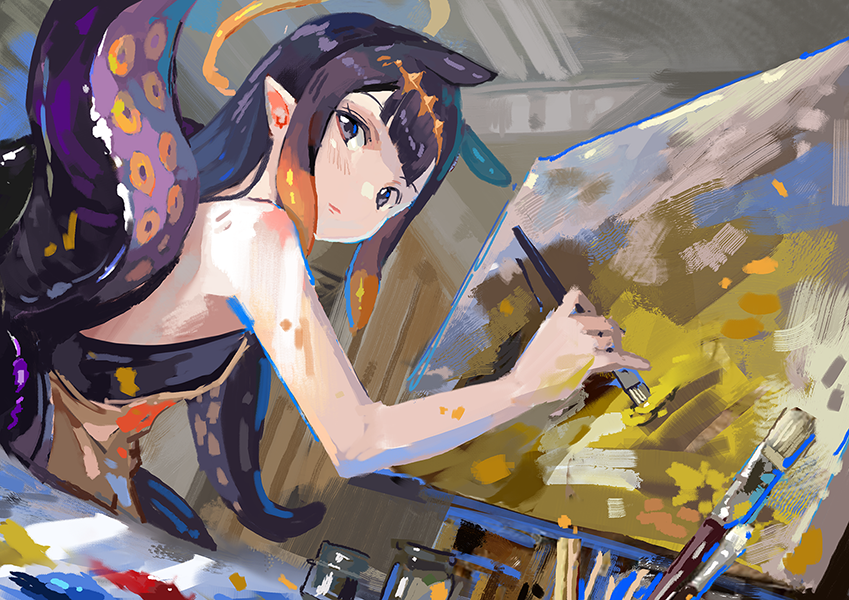 1girl black_hair blue_eyes canvas_(object) closed_mouth gradient_hair halo holding holding_paintbrush hololive hololive_english long_hair looking_at_viewer multicolored_hair ninomae_ina'nis orange_hair paintbrush painting pointy_ears purple_hair sidelocks tentacle_hair tentacles very_long_hair virtual_youtuber yoshikawa_hiro