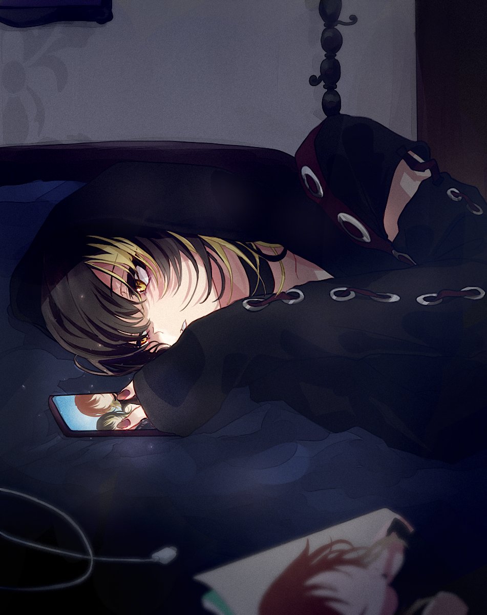 1girl :o aketa_mikoto anaroguya bed bed_sheet black_choker black_hair black_hoodie blonde_hair choker expressionless highres hood hoodie idolmaster idolmaster_shiny_colors ikaruga_luca indoors leaning_on_object looking_at_phone multicolored_hair nail_polish phone phone_screen sleeves_past_wrists streaked_hair