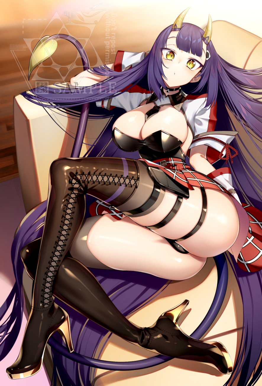 1girl ass bangs blunt_bangs boots breasts choker cluseller couch demon_tail food-themed_hair_ornament hair_ornament high_heel_boots high_heels highres horns indie_virtual_youtuber large_breasts long_hair looking_at_viewer lying necktie on_couch oni oni_horns onigiri_(vtuber) onigiri_hair_ornament panties qr_code solo tail thigh-highs thigh_boots underwear very_long_hair virtual_youtuber watermark yellow_eyes