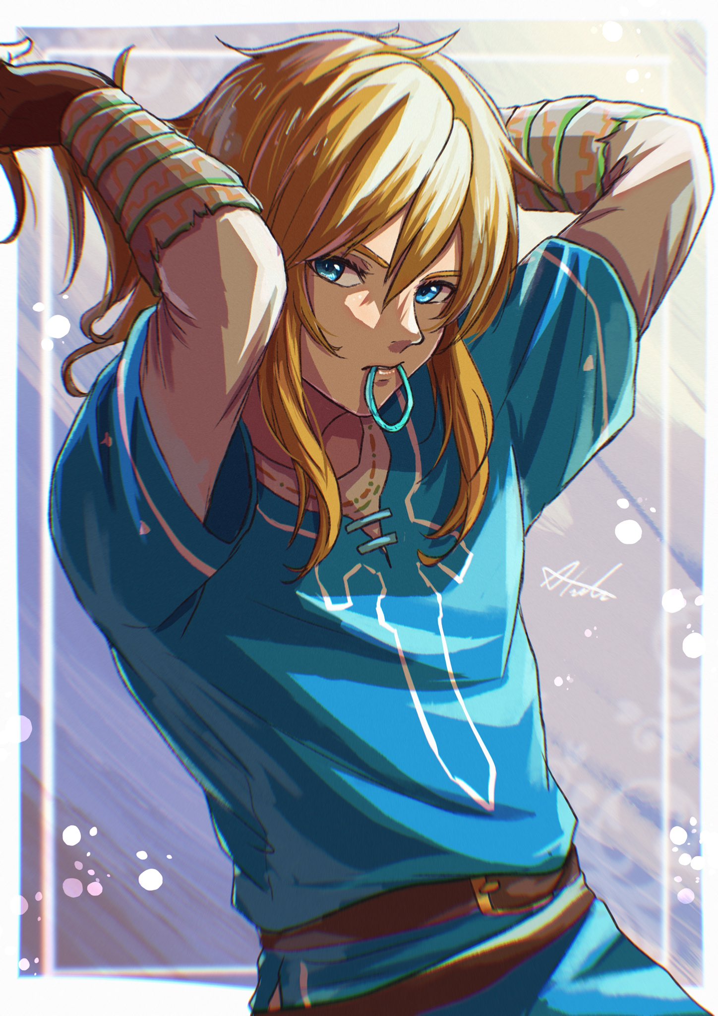 1boy antenna_hair blonde_hair blue_eyes blue_tunic commentary_request gloves hair_between_eyes highres link long_hair looking_at_viewer male_focus master_sword mouth_hold pointy_ears sakuya_996 solo standing the_legend_of_zelda the_legend_of_zelda:_breath_of_the_wild tunic
