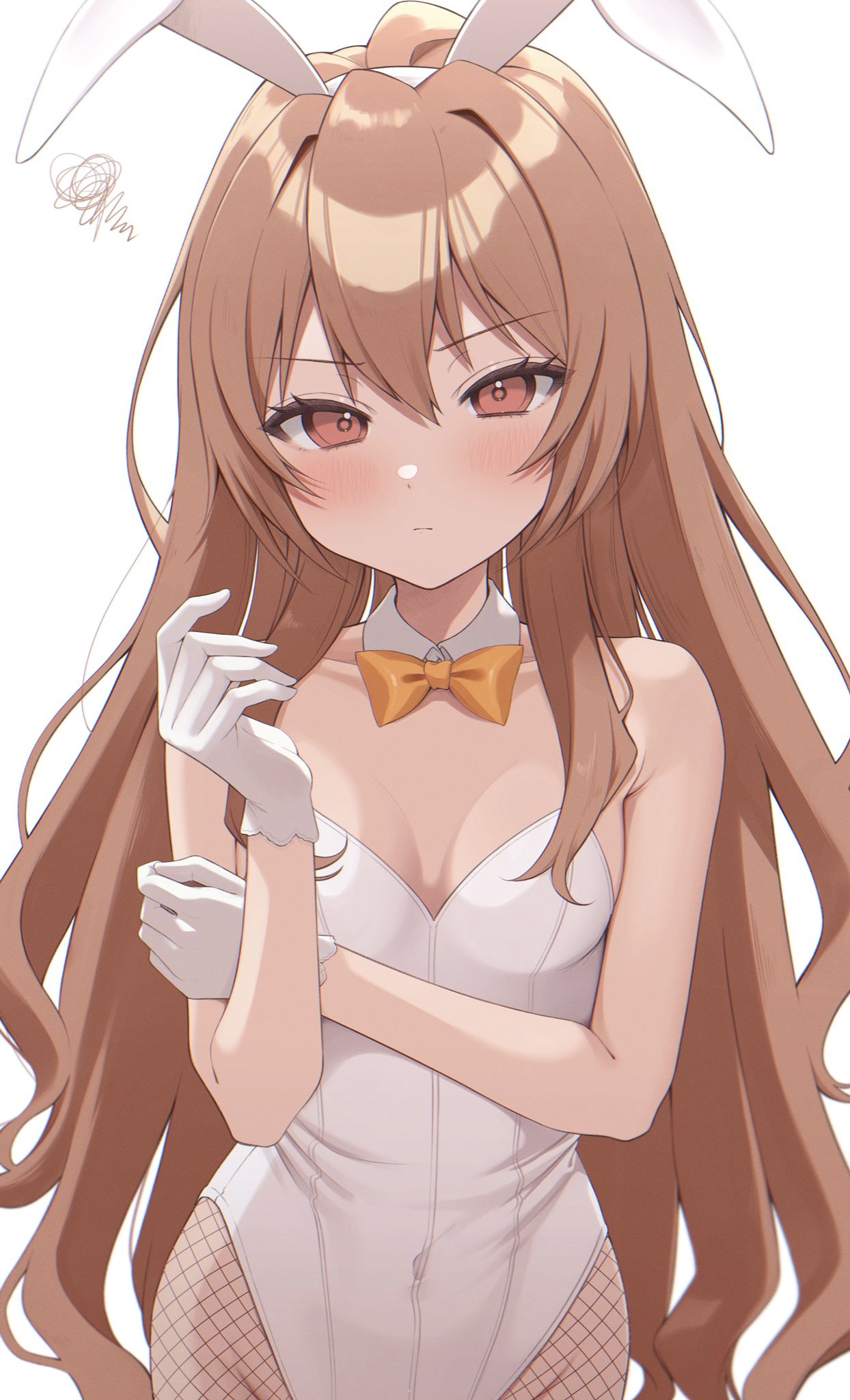 1girl aisaka_taiga animal_ears blush bow bowtie breasts brown_eyes closed_mouth covered_navel cowboy_shot detached_collar eyebrows_visible_through_hair eyelashes fake_animal_ears fishnet_legwear fishnets gloves head_tilt highres leotard light_brown_hair long_hair pantyhose playboy_bunny rabbit_ears simple_background small_breasts solo strapless strapless_leotard symbol-only_commentary takio_(kani_sama) toradora! upper_body very_long_hair white_background white_gloves white_leotard wrist_cuffs