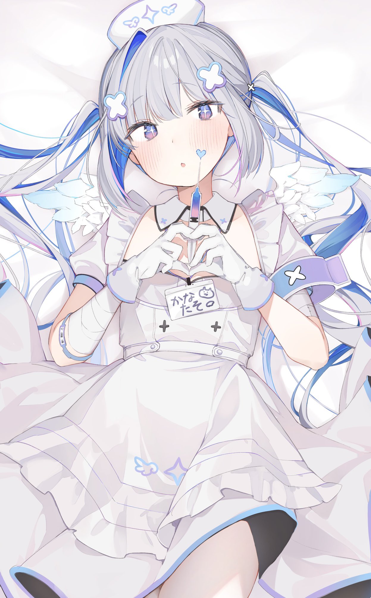 +_+ 1girl amane_kanata angel_wings armband bandaged_arm bandages bangs bed_sheet blue_eyes blush detached_collar dress eyebrows_visible_through_hair gloves grey_hair hair_ornament hat heart highres holding holding_syringe hololive long_hair lying nurse_cap on_back on_bed panties puffy_short_sleeves puffy_sleeves shin_no_tenpii short_sleeves solo syringe twintails underwear virtual_youtuber white_dress white_gloves wings x_hair_ornament