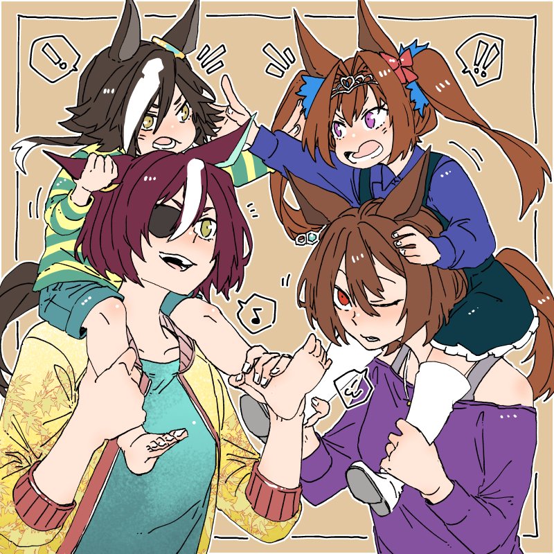 ! 4girls agnes_tachyon_(umamusume) animal_ears asuka_(junerabitts) bangs barefoot blue_shirt boots brown_hair carrying child daiwa_scarlet_(umamusume) ear_grab eyepatch green_shirt green_shorts horse_ears horse_girl horse_tail jacket leg_grab long_sleeves motion_lines multicolored_hair multiple_girls musical_note notice_lines off-shoulder_shirt off_shoulder one_eye_closed open_mouth outstretched_arm overall_skirt purple_hair purple_shirt red_eyes shirt short_hair shorts shoulder_carry smile spoken_exclamation_mark spoken_musical_note striped striped_shirt tail tanino_gimlet_(umamusume) tiara twintails two-tone_hair umamusume violet_eyes vodka_(umamusume) yellow_eyes yellow_footwear yellow_jacket younger