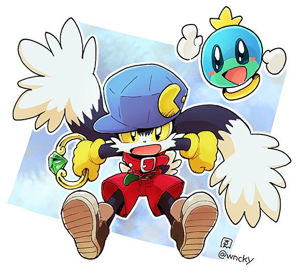 1boy animal_ears belt blue_headwear fang full_body furry furry_male gem gloves hat holding jewelry kaze_no_klonoa klonoa looking_at_viewer low_twintails male_focus open_mouth pac-man red_shorts ring satoe_(wenocokoya) shorts tail twintails yellow_gloves yellow_pupils