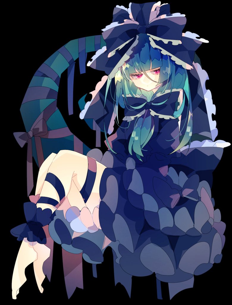 1girl alternate_color bangs barefoot black_bow black_dress black_ribbon blunt_bangs bow commentary dot_mouth dress frilled_bow frilled_ribbon frills full_body green_hair hair_between_eyes hair_bow hair_ribbon kagiyama_hina knees_up leg_strap legs long_sleeves nikorashi-ka puffy_long_sleeves puffy_sleeves red_eyes ribbon sideways_glance solo touhou