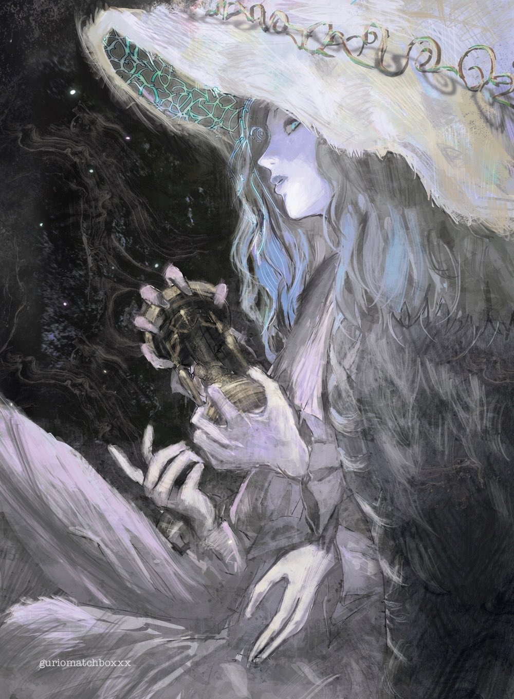 1girl artist_name black_background blue_eyes commentary elden_ring extra_arms feet_out_of_frame from_side grey_hair guri_otoko hat highres holding_hourglass hourglass long_hair looking_at_viewer profile ranni_the_witch sitting solo symbol-only_commentary wavy_hair witch_hat