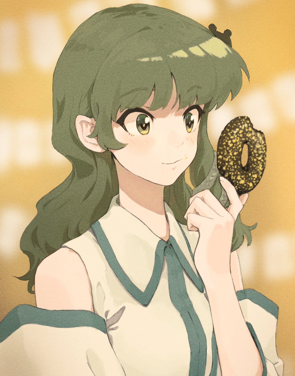 1girl bangs bare_shoulders bitten blurry blurry_background chocolate_doughnut closed_mouth collared_shirt commentary_request crumbs detached_sleeves doughnut eating eyebrows_visible_through_hair food food_on_face frog_hair_ornament green_eyes green_hair hair_ornament hand_up highres holding holding_food kochiya_sanae light_blush long_hair orange_background revision shiratama_(hockey) shirt sidelocks sleeveless sleeveless_shirt smile smirk snake_hair_ornament solo touhou upper_body white_shirt wing_collar