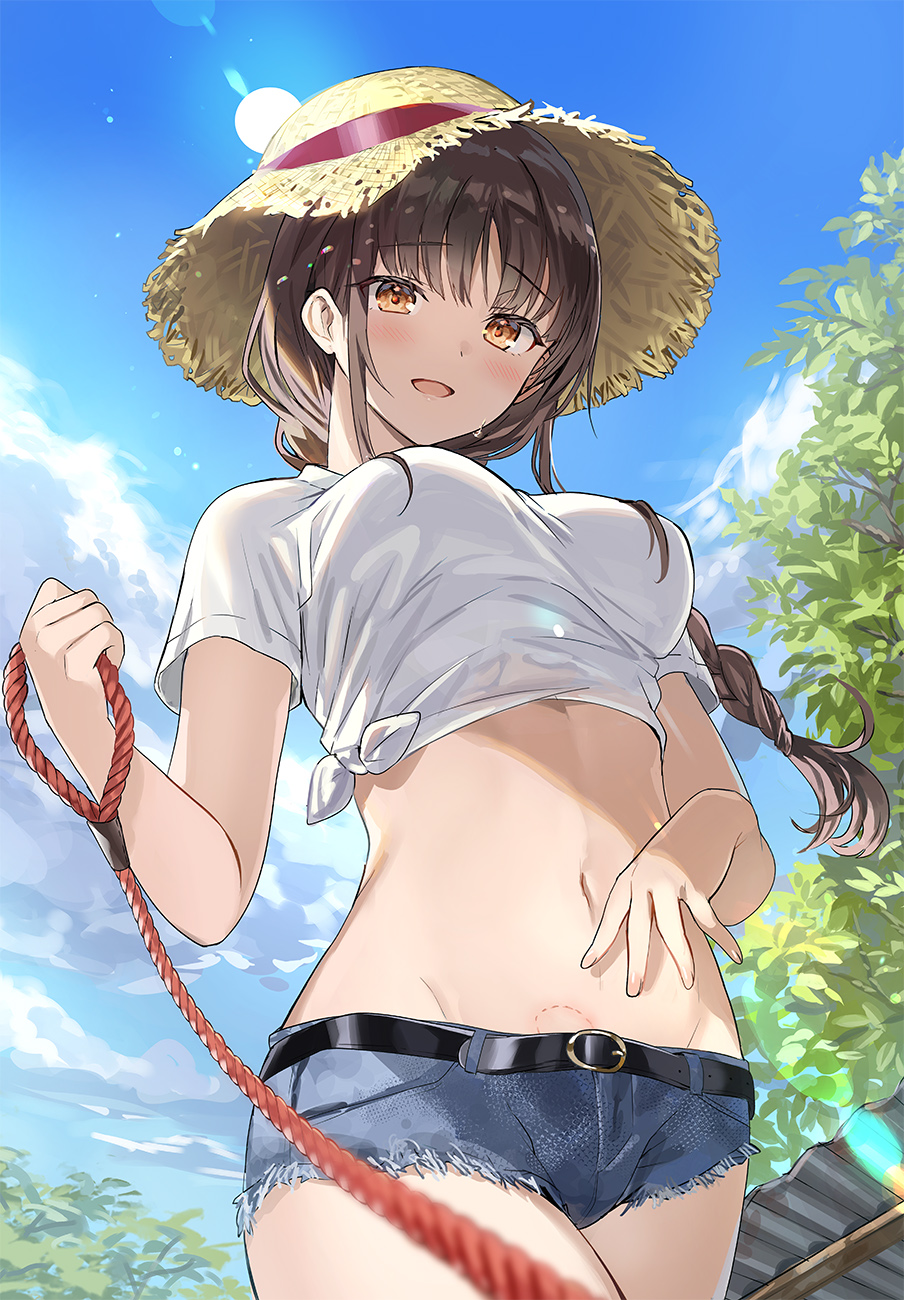 1girl bangs bite_mark blush breasts brown_eyes brown_hair denim denim_shorts highres long_hair looking_at_viewer medium_breasts navel open_mouth original shorts sidelocks smile solo standing tan_(tangent)