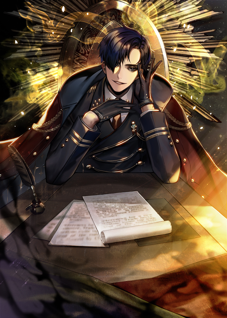 1boy black_hair cape cover cover_page eu_(euspia) face gloves lee_kiyoung_(regressor's_instruction_manual) official_art paper regressor's_instruction_manual sitting solo table uniform upper_body