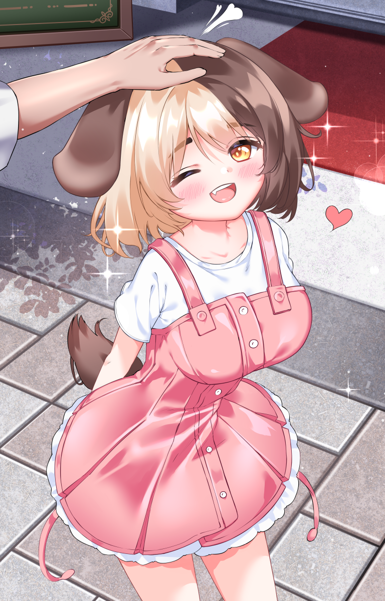 1girl 1other ambiguous_gender animal_ears bangs blonde_hair blush breasts brown_hair commentary dog_ears dog_girl dog_tail dress eyebrows_visible_through_hair fang frilled_dress frills green_eyes hachiko_of_castling hand_on_another's_head happy headpat heart highres ine_(ineinnen) large_breasts last_origin looking_at_viewer medium_hair multicolored_hair one_eye_closed open_mouth out_of_frame pink_dress shirt short_sleeves smile sparkle split-color_hair tail thick_eyebrows two-tone_hair white_shirt