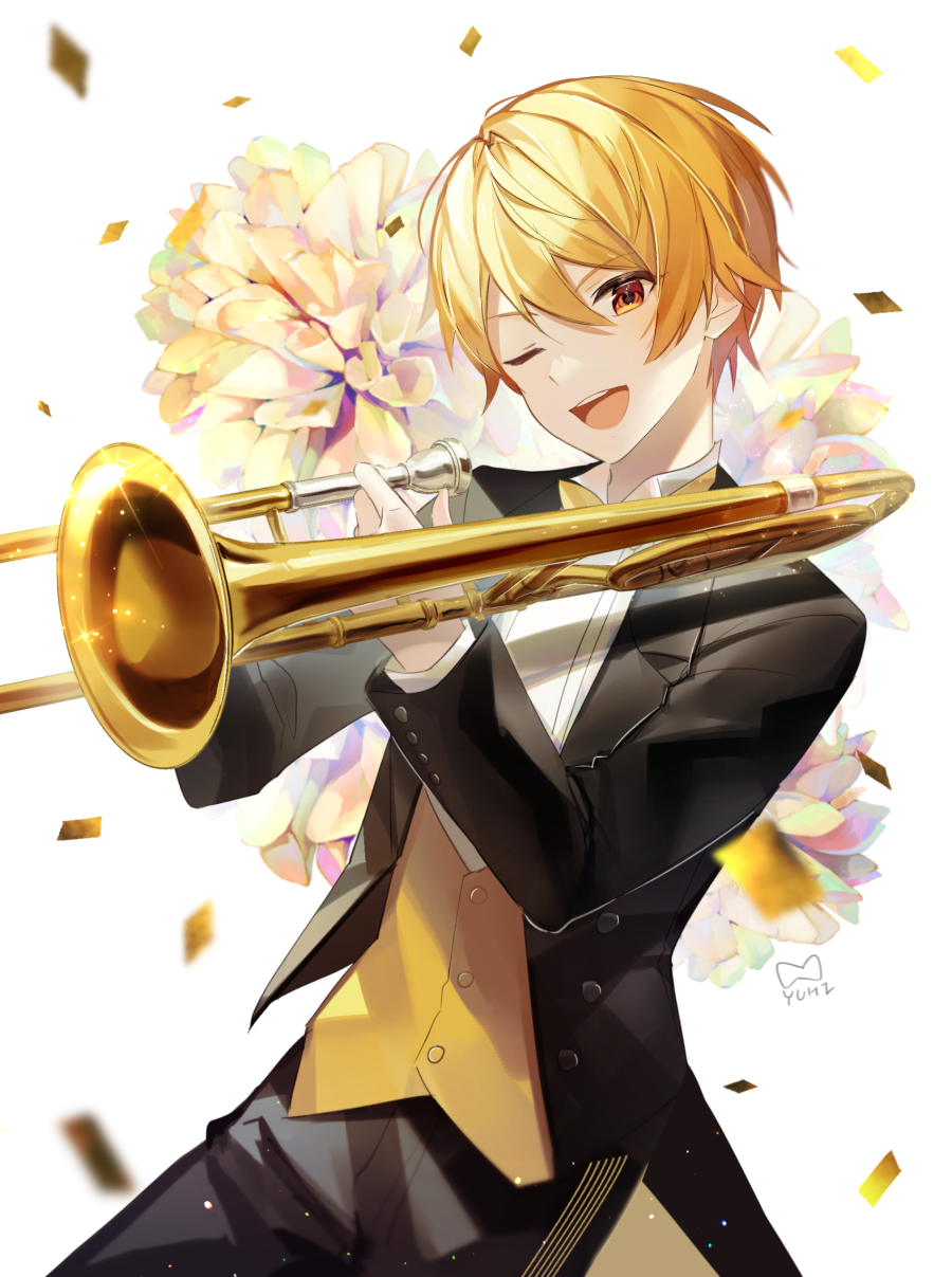 1boy :d bangs black_jacket black_pants blonde_hair buttons commentary_request confetti flower highres holding holding_instrument instrument jacket long_sleeves looking_at_viewer male_focus one_eye_closed pants project_sekai shirt smile solo tenma_tsukasa trombone tuxedo vest white_shirt wing_collar yellow_eyes yellow_flower yellow_vest yuhi_(hssh_6)