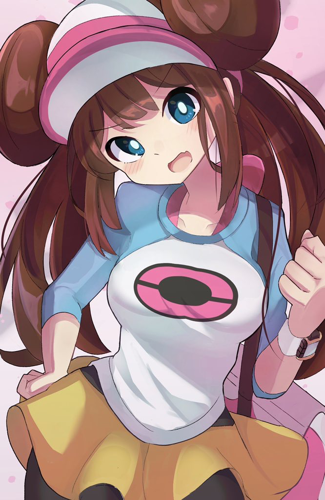 1girl bangs black_legwear blue_eyes bow bow_bra bra brown_hair clenched_hand double_bun doughnut_hair_bun eyebrows_visible_through_hair hand_on_hip legwear_under_shorts long_hair long_sleeves looking_at_viewer open_mouth pantyhose pokemon pokemon_(game) pokemon_bw2 rosa_(pokemon) shirt shorts solo twintails umiru underwear visor_cap yellow_shorts