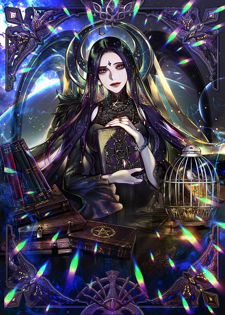 1girl bead_necklace beads bird black_dress book cage dress eu_(euspia) facial_mark forehead_mark holding holding_book jewelry long_hair lucifer_(regressor's_instruction_manual) multicolored_hair necklace pentagram planet regressor's_instruction_manual solo upper_body