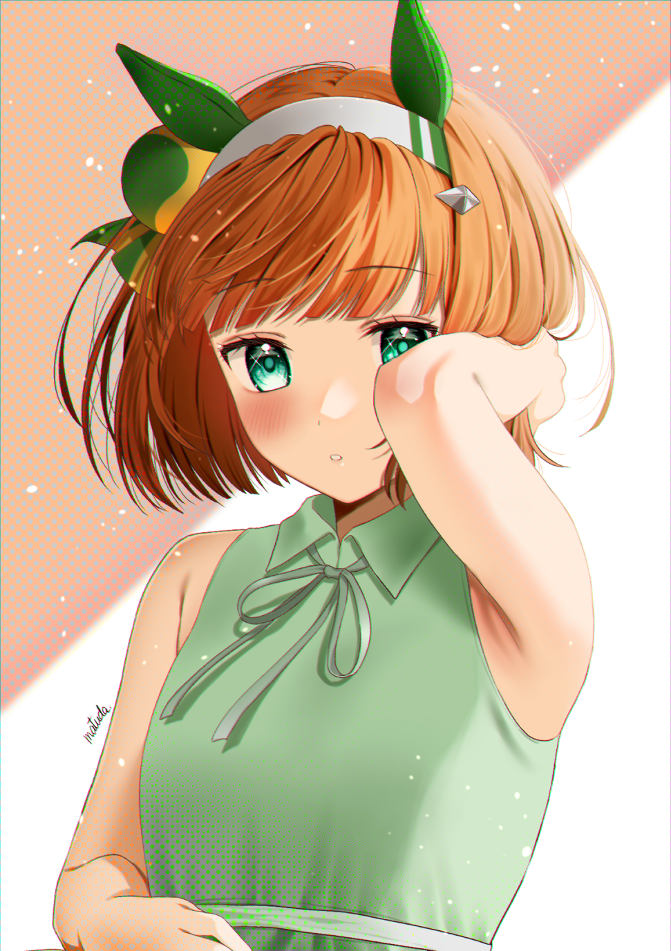 1girl alternate_hairstyle animal_ears armpit_crease artist_name bangs bare_shoulders blush collared_dress dress green_dress green_eyes hairband halftone hand_in_own_hair hand_up highres horse_ears looking_at_viewer matsuda_oruta neck_ribbon ribbon short_hair silence_suzuka_(umamusume) sleeveless sleeveless_dress umamusume upper_body