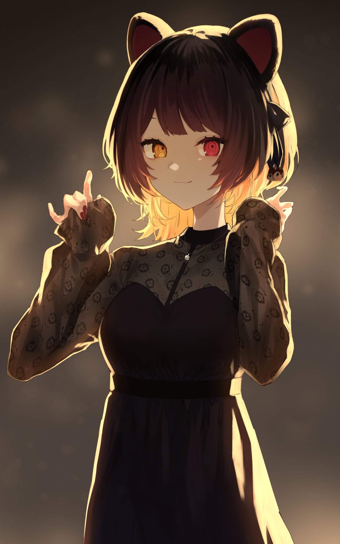 1girl animal_ears bangs brown_dress brown_hair closed_mouth dog_ears dog_hair_ornament dress hair_ornament hands_up heterochromia highres inui_toko long_sleeves looking_at_viewer nail_polish nijisanji nrmrmn print_dress red_eyes red_nails short_hair sleeves_past_wrists solo upper_body virtual_youtuber yellow_eyes