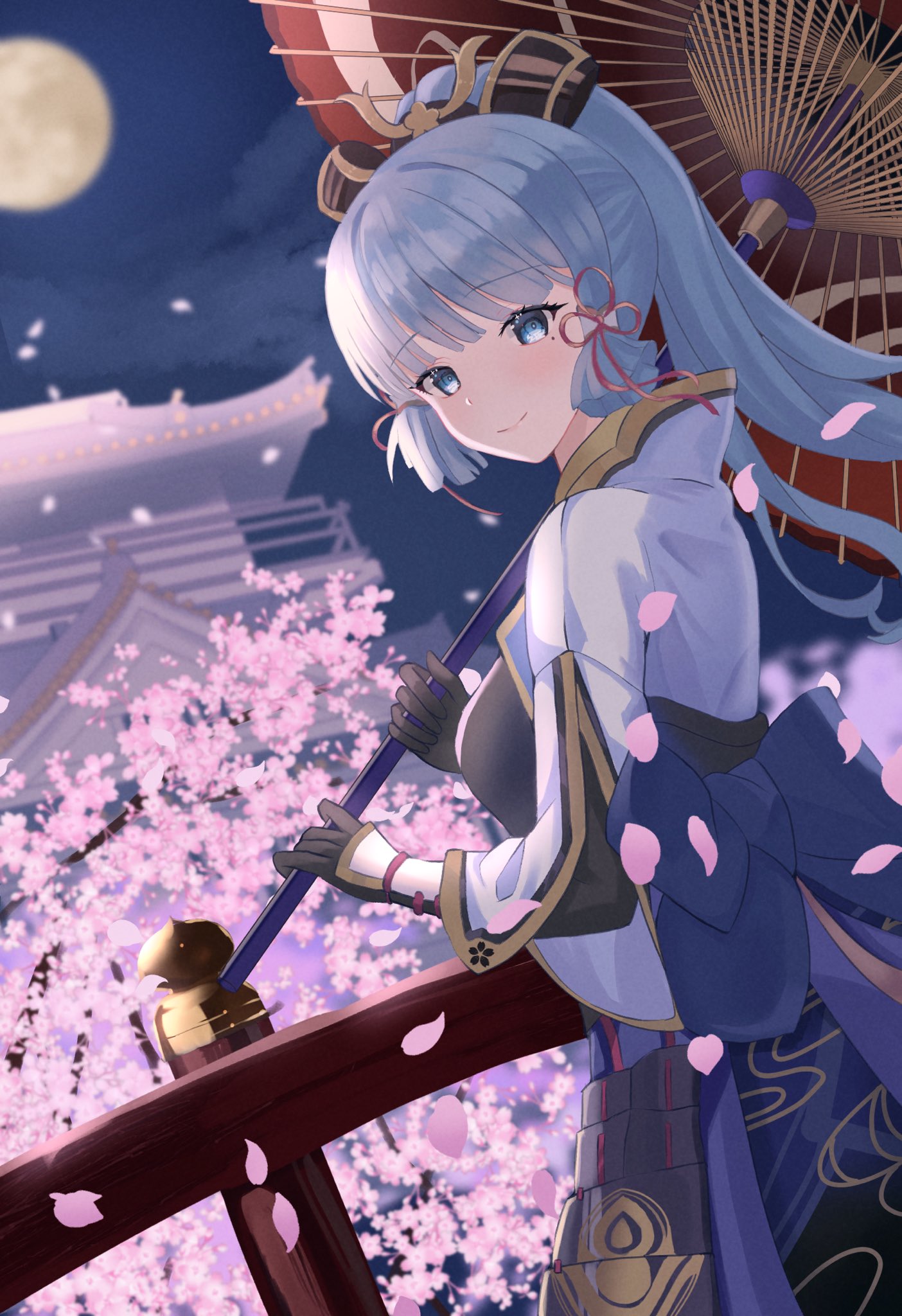 1girl architecture armor armored_dress bangs black_gloves blue_capelet blue_eyes blunt_bangs breastplate capelet cherry_blossoms cherry_tree closed_mouth east_asian_architecture eyebrows_visible_through_hair falling_petals flower_knot from_above full_moon genshin_impact gloves guard_rail hair_ornament hair_ribbon highres holding holding_umbrella japanese_armor kamisato_ayaka kusazuri light_blue_hair looking_at_viewer looking_to_the_side mole mole_under_eye moon night night_sky oil-paper_umbrella outdoors petals ponytail rererere_mon ribbon sky smile solo tress_ribbon umbrella wooden_railing