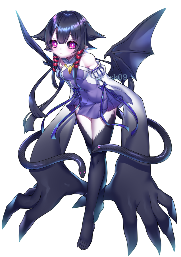 1girl black_hair black_sclera black_skin blue_ribbon bright_pupils claws colored_sclera colored_skin demon_girl demon_wings detached_sleeves dress full_body hair_between_eyes hair_ears hair_ribbon juliet_sleeves leaning_forward long_sleeves looking_at_viewer low_wings medium_hair monster_girl multicolored_skin multiple_tails neck_stitches original oversized_forearms oversized_limbs pink_eyes pleated_dress pointy_ears puffy_sleeves purple_dress ribbon rtsusk09 sharp_toenails short_dress short_hair_with_long_locks sidelocks simple_background snake_tail solo standing stitches tail tiptoes toenails tress_ribbon two_tails white_background white_dress white_pupils wings