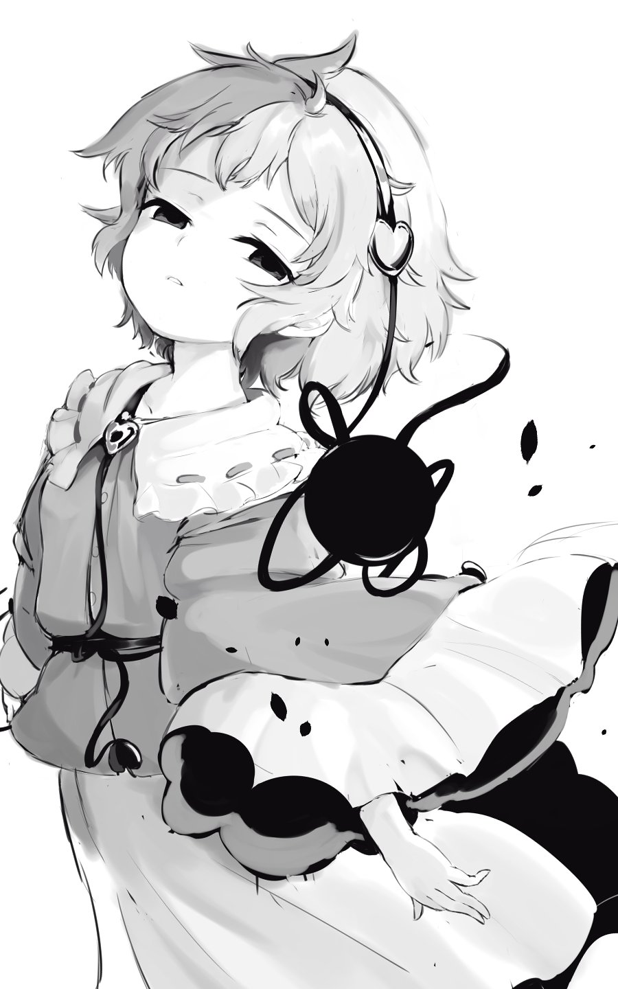 1girl arms_at_sides blouse buttons collarbone cowboy_shot disgust frilled_shirt_collar frilled_sleeves frills frown greyscale hair_ornament hairband half-closed_eyes head_back heart heart_hair_ornament highres komeiji_satori long_sleeves looking_at_viewer monochrome parted_lips ribbon_trim shirt short_hair skirt solo third_eye touhou wide_sleeves yukihiko_(sky_sleep)