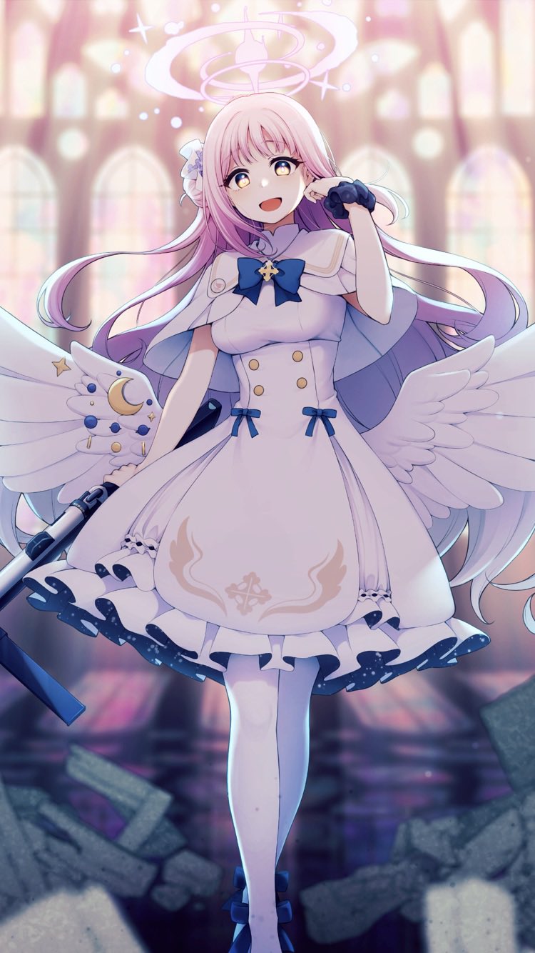 1girl :d black_scrunchie blue_archive blue_bow blurry blurry_background bow breasts capelet commentary_request crescent depth_of_field dress feathered_wings frilled_dress frills gun hair_bun halo hand_up head_tilt highres holding holding_gun holding_weapon indoors lanchester_smg long_hair looking_at_viewer medium_breasts mika_(blue_archive) nagami_yuu pantyhose pink_hair scrunchie side_bun smile solo stained_glass submachine_gun very_long_hair weapon white_capelet white_dress white_legwear white_wings wings wrist_scrunchie yellow_eyes