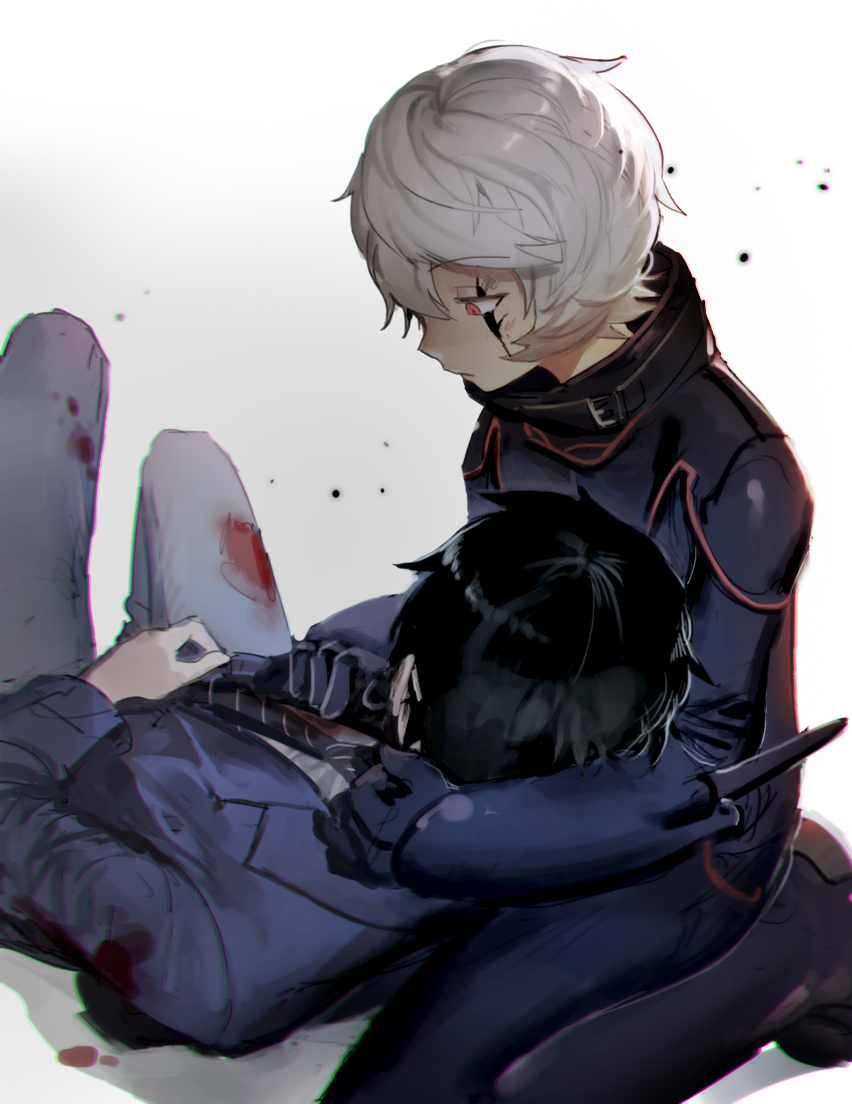 2boys arm_around_shoulder ashes bangs black_bodysuit black_gloves black_hair black_necktie blazer blood blood_on_clothes bodysuit bruise bruise_on_face cocaduel cracked_skin gloves grey_pants hand_on_another's_chest injury jacket kneeling knees_up kuga_yuuma long_sleeves looking_at_another looking_away looking_down lying male_focus mikumo_osamu multiple_boys necktie on_back pants pilot_suit red_eyes sad school_uniform simple_background unconscious unfinished white_background white_hair world_trigger