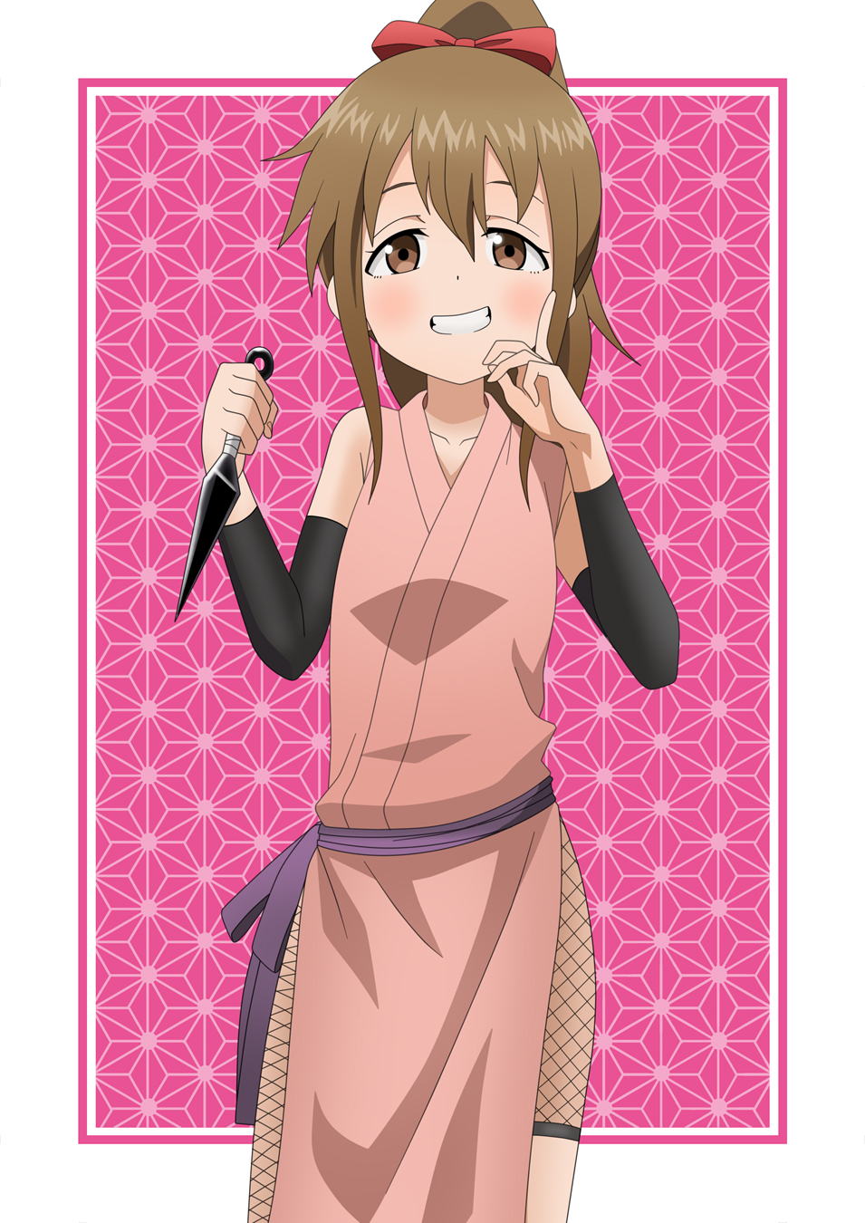 1girl bangs bow brown_eyes brown_hair detached_sleeves fishnet_legwear fishnets hair_bow hair_ribbon high_ponytail highres hinagiku_(kunoichi_tsubaki_no_mune_no_uchi) holding holding_weapon japanese_clothes kimono kunai kunoichi_tsubaki_no_mune_no_uchi long_hair ninja obi pink_kimono ponytail red_bow ribbon riokasen sash sidelocks sleeveless sleeveless_kimono weapon