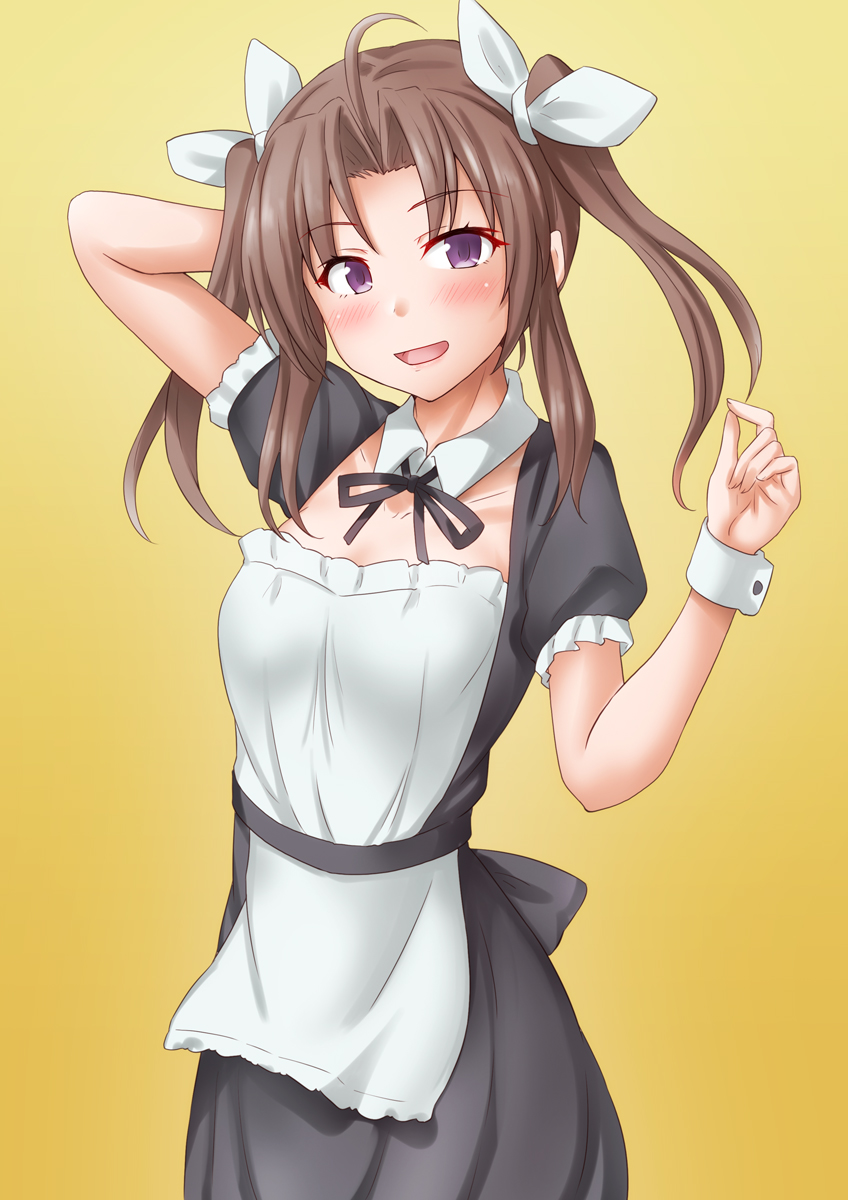 1girl alternate_costume anti_(untea9) apron black_dress brown_eyes cowboy_shot dress enmaided frilled_apron frilled_dress frills green_ribbon hair_ribbon highres kagerou_(kancolle) kantai_collection long_hair looking_at_viewer maid maid_apron open_mouth puffy_short_sleeves puffy_sleeves ribbon short_sleeves solo twintails violet_eyes white_apron wrist_cuffs yellow_background