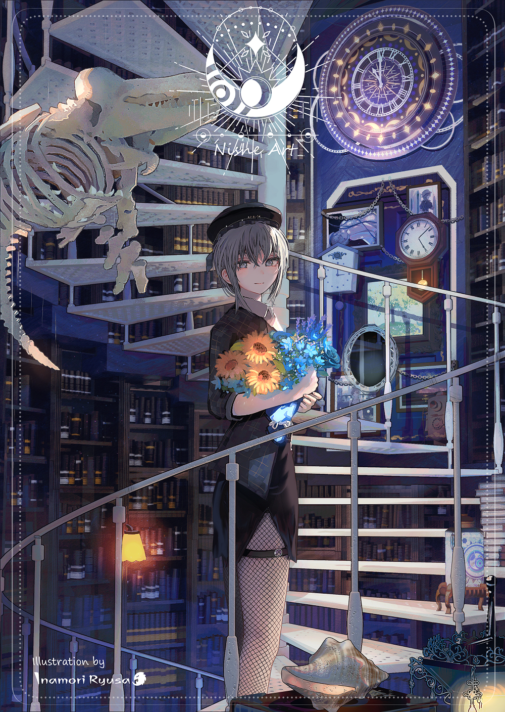 1girl artist_name black_headwear black_skirt blue_flower building clock collared_shirt fishnet_legwear fishnets flower formal grey_eyes grey_hair highres inaeda_kei indoors leg_garter looking_at_viewer medium_hair pantyhose scenery shirt skeleton skirt solo suit sunflower white_shirt