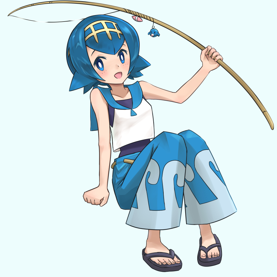1girl :d blue_eyes blue_hair blue_pants blue_sailor_collar blush bright_pupils clenched_hand commentary_request fishing_lure fishing_rod flip-flops freckles full_body hairband hand_up happy holding holding_fishing_rod lana_(pokemon) ni-jo no_sclera one-piece_swimsuit open_mouth pants pokemon pokemon_(game) pokemon_sm popplio sailor_collar sandals shirt short_hair sleeveless sleeveless_shirt smile solo swimsuit swimsuit_under_clothes toes tongue wave_print white_pupils white_shirt yellow_hairband
