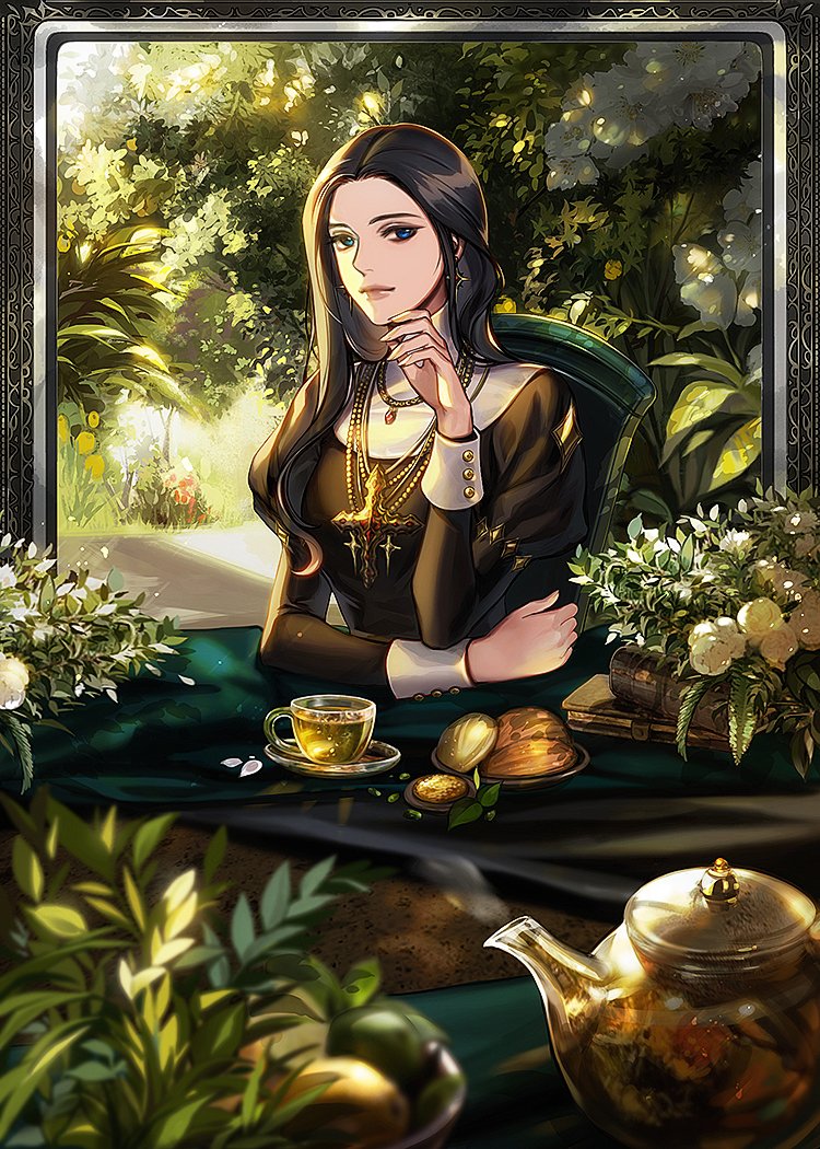 1girl bad_link black_hair chair eu_(euspia) flower grass long_hair nun plant potted_plant priest regressor's_instruction_manual sitting snack solo sun_heeyoung_(regressor's_instruction_manual) tea teapot tree upper_body