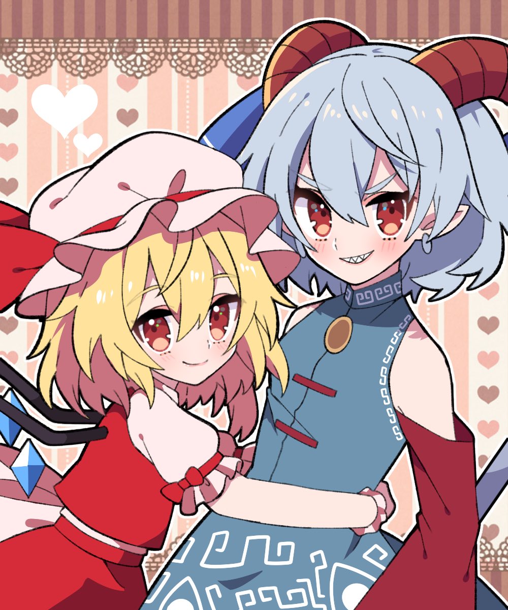 2girls blonde_hair blue_dress breasts clenched_teeth collared_shirt crystal curly_hair detached_sleeves dress earrings flandre_scarlet hat highres horn_ornament horn_ribbon horns hug jewelry light_blue_hair looking_at_viewer meandros mob_cap multiple_girls patterned_clothing pointy_ears puffy_short_sleeves puffy_sleeves red_eyes red_horns red_ribbon red_skirt red_sleeves red_vest ribbon sharp_teeth sheep_horns shirt short_hair short_sleeves side_ponytail skirt skirt_set small_breasts teeth touhou toutetsu_yuuma vest white_headwear white_shirt wings yoriteruru