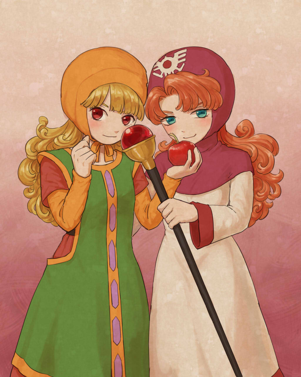 2girls apple arinsu_(kodamamaimai) blonde_hair blush breasts closed_mouth cosplay costume_switch curly_hair dragon_quest dragon_quest_ii dragon_quest_vii dress food fruit highres hood long_hair looking_at_viewer maribel_(dq7) multiple_girls orange_hair princess princess_of_moonbrook red_eyes robe simple_background smile staff weapon