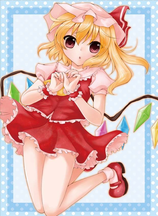 1girl ascot bangs blonde_hair comiket_78 commentary_request crystal eyebrows_visible_through_hair flandre_scarlet frilled_shirt frilled_shirt_collar frilled_skirt frills full_body hair_between_eyes hat hat_ribbon jumping long_hair looking_at_viewer mary_janes mob_cap one_side_up open_mouth puffy_short_sleeves puffy_sleeves red_eyes red_footwear red_ribbon red_skirt red_vest ribbon shirt shoes short_sleeves skirt socks solo takarai_mitsu touhou vest white_headwear white_legwear white_shirt wings wrist_cuffs yellow_ascot