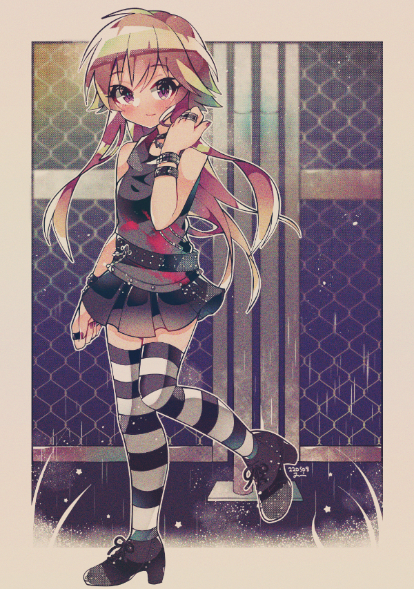 bangs belt black_footwear black_skirt black_tank_top blush breasts brown_hair choker clenched_hand dated dot_nose eyebrows_visible_through_hair fence full_body hair_flaps hand_up idolmaster idolmaster_cinderella_girls jewelry leg_up legs long_hair looking_at_viewer miniskirt ninomiya_asuka ring shoes simple_background skirt small_breasts smile solo star_(symbol) striped striped_legwear tank_top thigh-highs violet_eyes walking wristband zettai_ryouiki zy_jomi