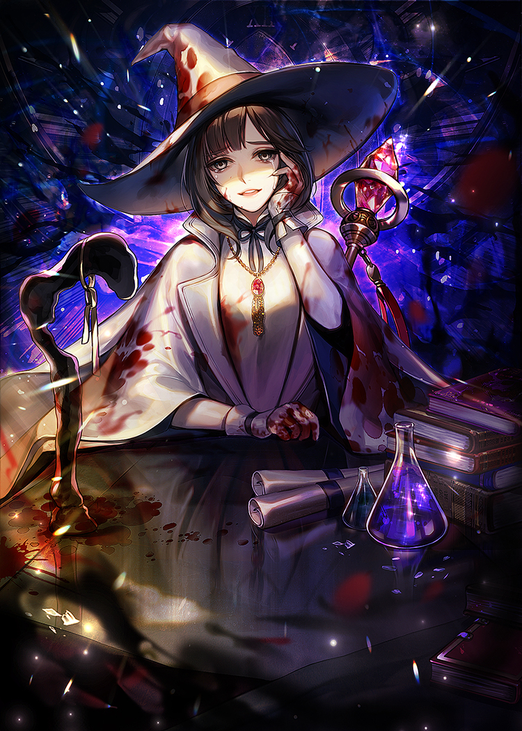 1girl blood blood_on_clothes blood_on_face book brown_hair crying eu_(euspia) hand_on_own_face hat jung_hayan_(regressor's_instruction_manual) potion regressor's_instruction_manual scroll short_hair solo staff table witch_hat
