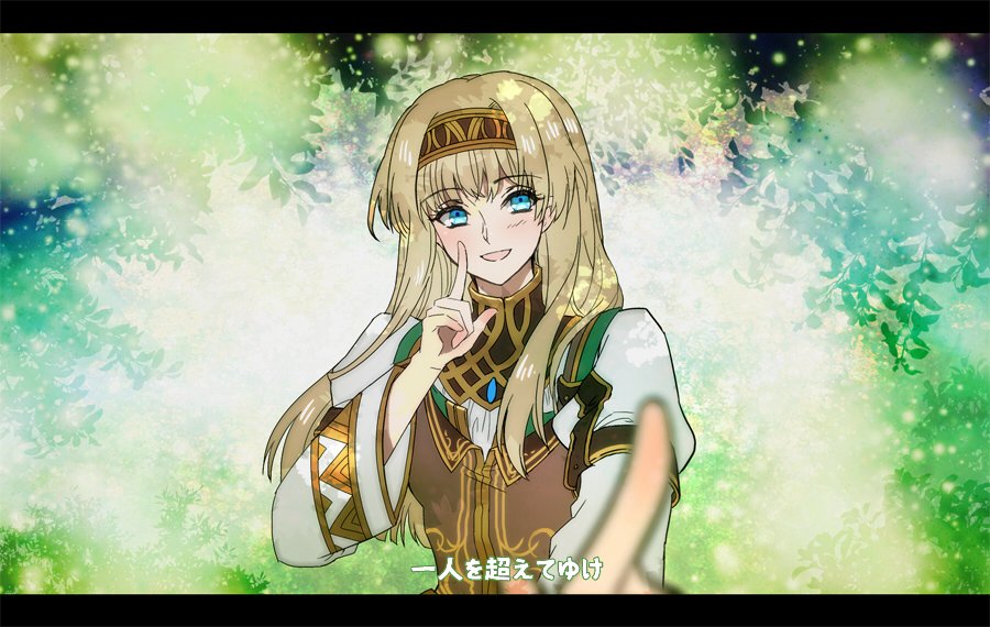 1girl alicia_(valkyrie_profile_2) blonde_hair blue_eyes hairband index_finger_raised long_hair looking_at_viewer nadir open_mouth outstretched_hand smile solo valkyrie_profile valkyrie_profile_2